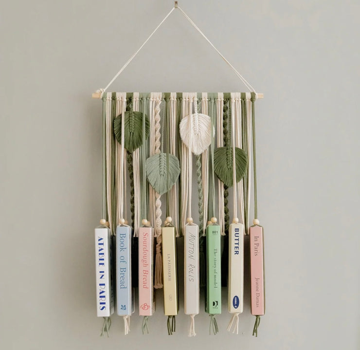 MACRAME LEAVES BOOKSHELF FOR BOHO WALL ART AND MID CENTURY MODERN DECOR