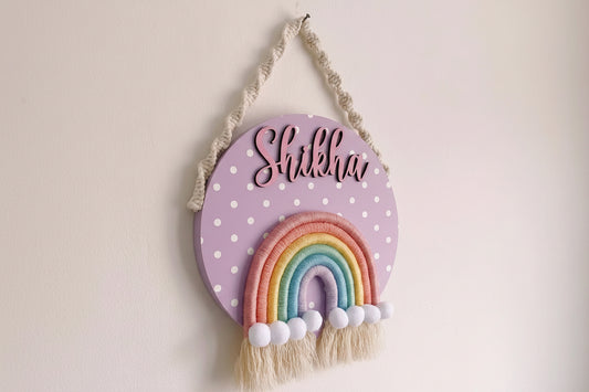 Handmade Macrame Kids Round Nameplate With Rainbow Hanging