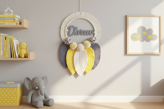Handmade Round Macrame Nameplate With Pompom And Feathers