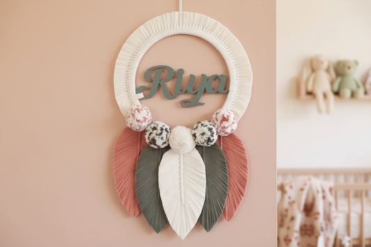 Handmade Round Macrame Nameplate With Pompom And Feathers