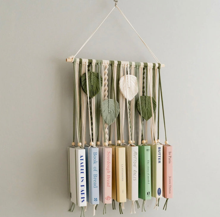 MACRAME LEAVES BOOKSHELF FOR BOHO WALL ART AND MID CENTURY MODERN DECOR