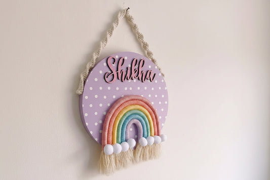 Handmade Macrame Kids Round Nameplate With Rainbow Hanging