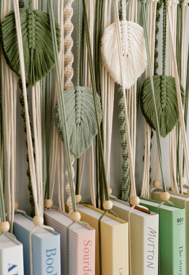 MACRAME LEAVES BOOKSHELF FOR BOHO WALL ART AND MID CENTURY MODERN DECOR