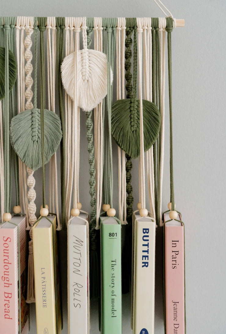 MACRAME LEAVES BOOKSHELF FOR BOHO WALL ART AND MID CENTURY MODERN DECOR